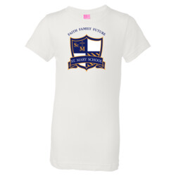 GIRLS Fine Jersey Longer Length T-Shirt, StMaryCrest_Slogan_Blue